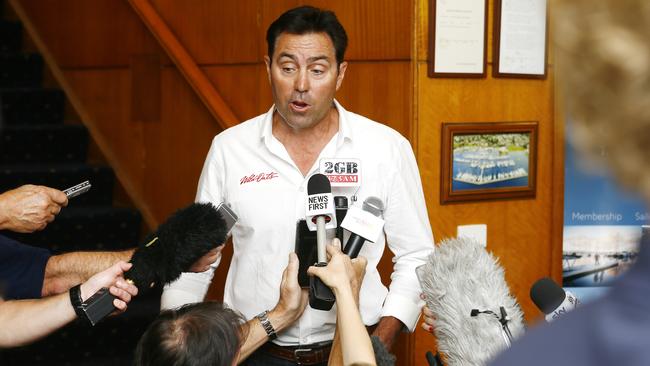 Wild Oats XI captain, Mark Richards, speaks to a packed media crew after the protest was deemed invalid. Picture: MATT THOMPSON