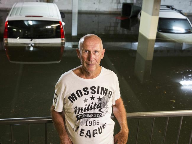 the Australian-Commercial Building manager Steve Harris in front of the carpark which was flooded this morning due to wild weather that hit Byron Bay. Fri 7th Feb 2020 Photo by Natalie Grono