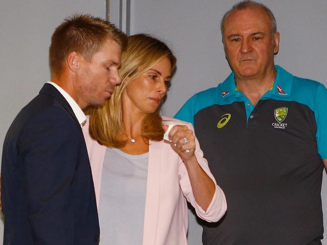 Warner prepares to face the press in Sydney yesterday.