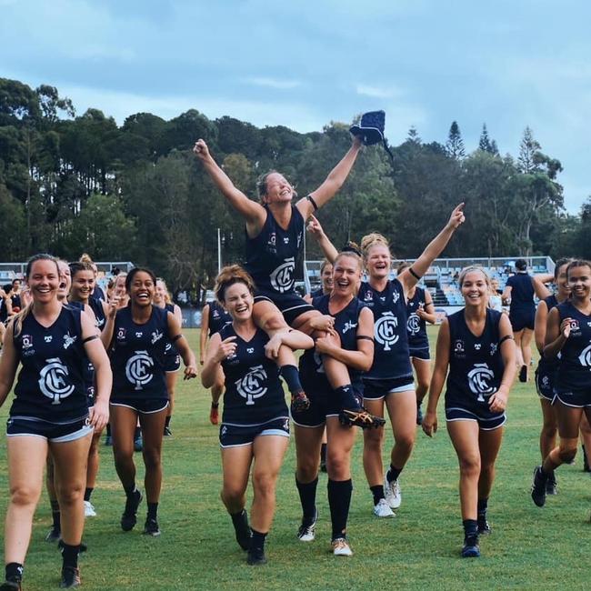 Lauren James is chaired off after kicking the winning goal for Coolangatta against Bond. SUPPLIED.