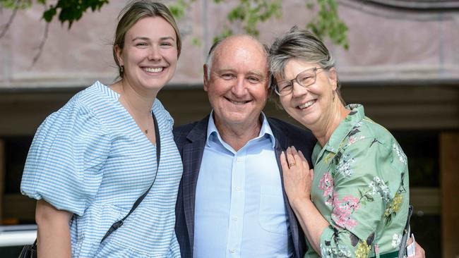 Former Renewal SA boss John Hanlon outside the District Court with his daughter Millie Hanlon and wife Jenny after the DPP withdrew all charges against him. Picture: NCA NewsWire / Brenton Edwards