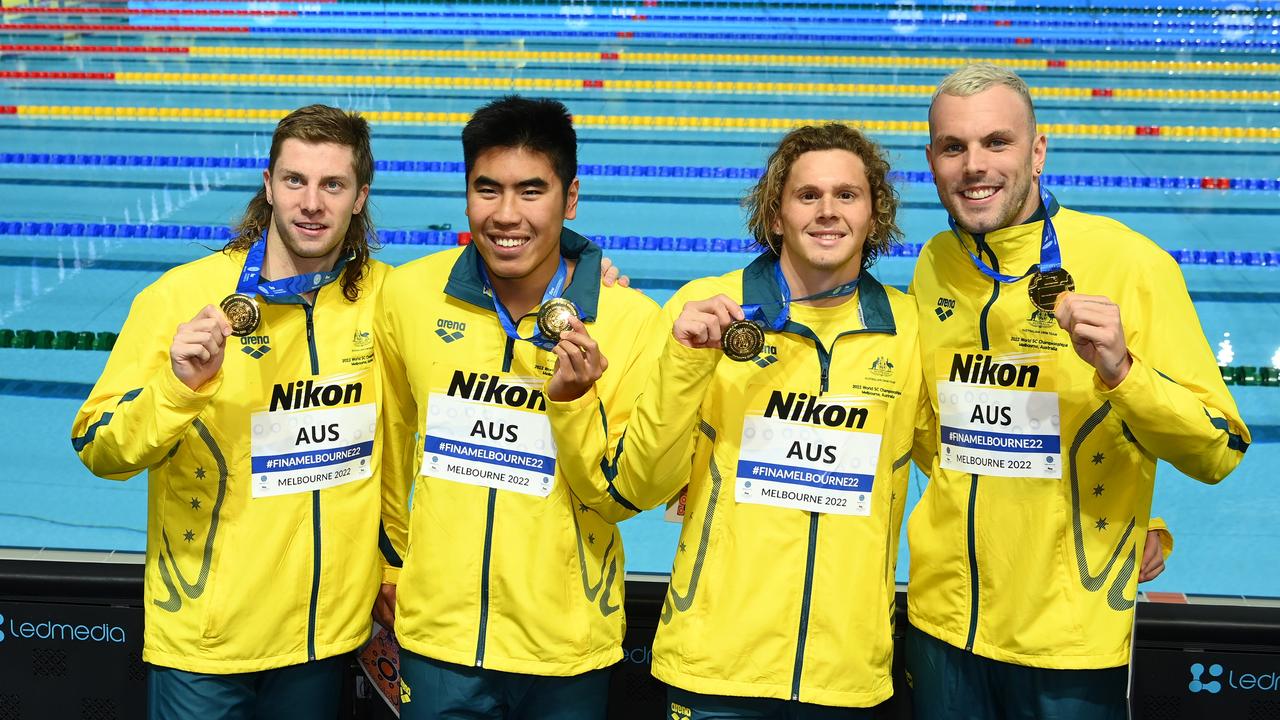 Joint Gold medallists Isaac Cooper, Joshua Yong, Matthew Temple and Kyle Chalmers. Photo by Quinn Rooney/Getty Images.