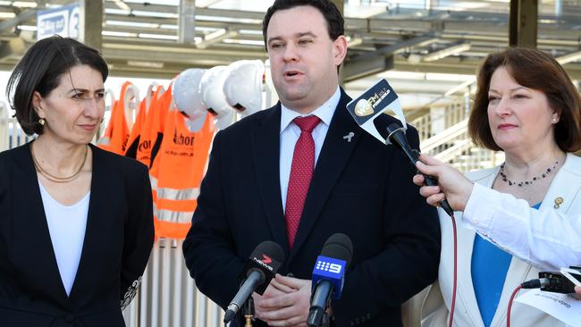 Stuart Ayres MP with Gladys Berejiklian and Roza Sage making the Penrith Station upgrade announcement in 2014. Picture: Matthew Sullivan