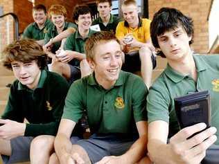 ONE DOWN: St John’s College Woodlawn students (front, from left) Mitchell Krause, 17, Matt Fitness, 17, and Tim Yorke, 18, and (rear, from left) Pat Kelly, 18, Mitch Baker, 18, Ben Durance, 18, Paul O’Neill, 17, and Luke Saltmarsh, 18, after completing their first HSC exam. . Picture: DAVID NIELSEN