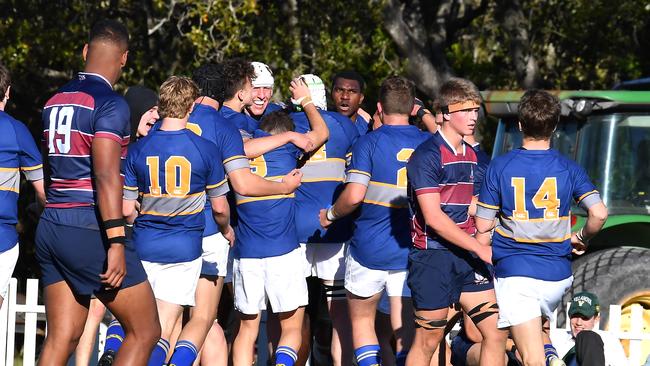 Churchie players celebrate a try. First XV rugby union between home team Churchie and TSS. Saturday July 24, 2021. Picture, John Gass