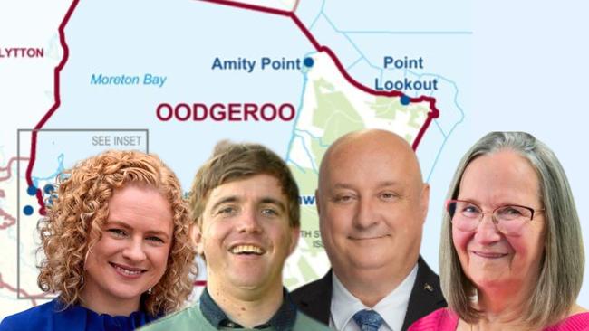 Oodgeroo candidates from left: LNP’s Amanda Stoker; Greens Callen Sorensen Karklis; One Nation’s Justin Sheil and Labor’s Irene Henley.