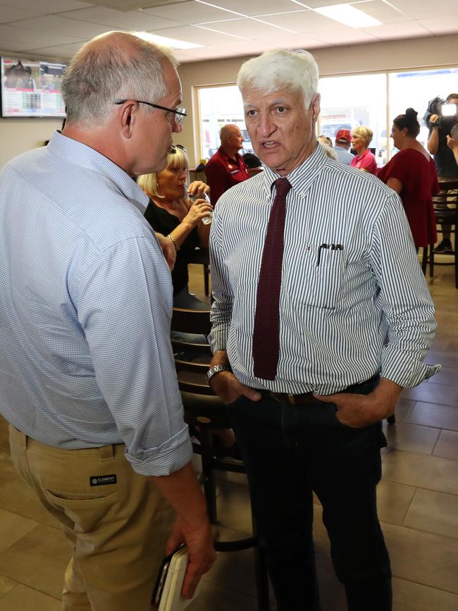 Prime Minister Scott Morrison with Bob Katter at Gannons Pub in Julia Creek. Photo: Nigel Hallett