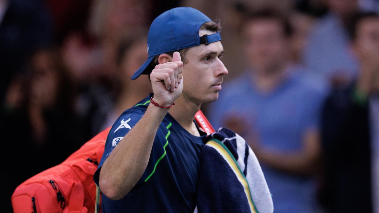 Paris, France - November 1: Alex De Minaur of Australia against Holger Rune of Denmark during day five of the Rolex Paris Masters 2024 on November 1, 2024 in Paris, France. (Photo by Tnani Badreddine/DeFodi Images via Getty Images)