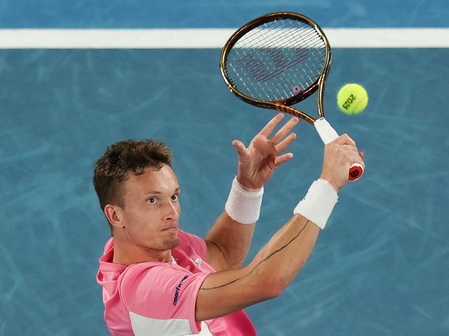 Jiri Lehecka’s intertwining lines tattoo on his arm. Picture: Adrian DENNIS / AFP