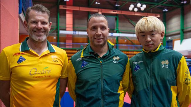 Jens Lang (National program manager), Ricardo Oliveria (National head coach) and Hongbo Liang (National assistant coach) at the WTT Youth Contender Darwin 2023, Marrara Indoor Stadium, Darwin. Picture: Pema Tamang Pakhrin