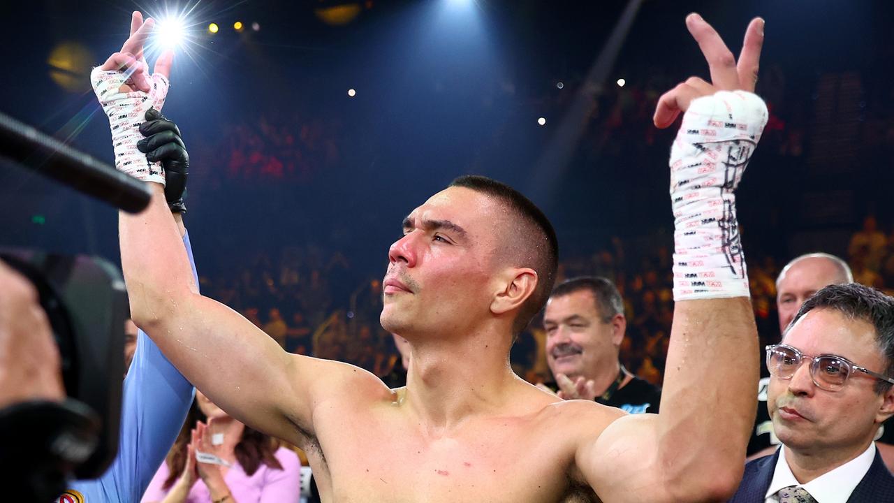 GOLD COAST, AUSTRALIA – JUNE 18: Tim Tszyu celebrates victory over Carlos Ocampo during the WBO Iterim Super-Welterwight title bout at Gold Coast Convention and Entertainment Centre on June 18, 2023 in Gold Coast, Australia. (Photo by Chris Hyde/Getty Images)