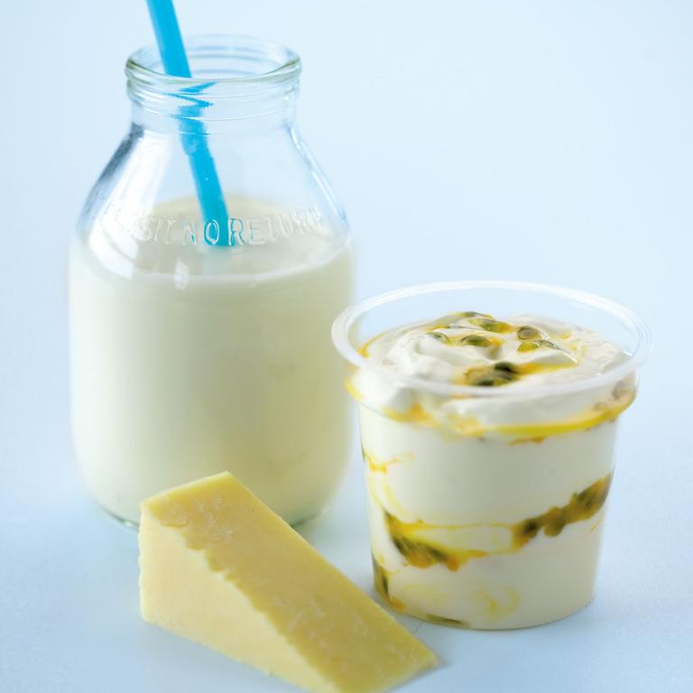 Chill - National Healthy Bones Week - Food - bottle of milk, piece of cheese and a tub of yoghurt. The daily recommended serving for children to receive all their calcium needs for healthy bone growth.