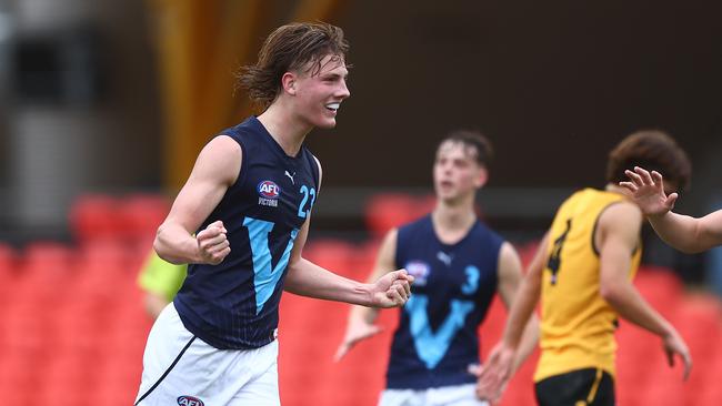 Oliver Greeves celebrates one of his three goals. Picture: Chris Hyde/AFL Photos/via Getty Images