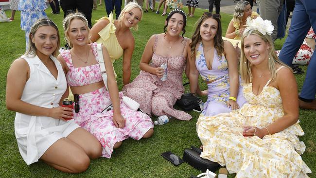 Ladbrokes Sale Cup. Racegoers are pictured attending Cup Day horse races at Sale Turf Club, Sunday 27th October 2024. From left, Ruby Turner, Georgia Anderson, Miah Stothers, Sierra Cook, Bella Dicorleto, Summa Moloney. Picture: Andrew Batsch