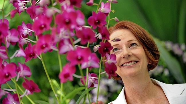 Former Australian Prime Minister Julia Gillard looks at the orchids named after her.