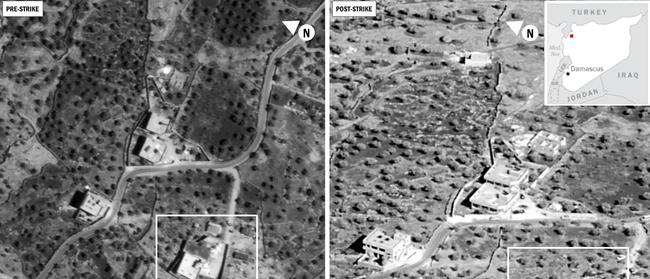 A side-by-side comparison of the compound of ISIS leader Abu Bakr al-Baghdadi in Syria before (L) and after the raid.