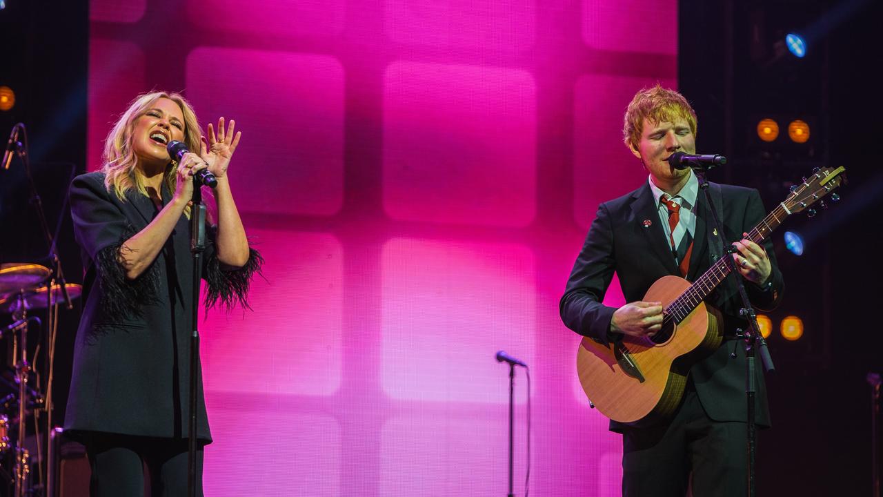 Kylie Minogue and Ed Sheeran perform The Loco-Motion in tribute to Michael Gudinski. Picture: Mushroom Creative House.