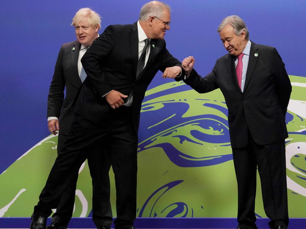 Boris Johnson and United Nations (UN) Secretary General Antonio Guterres greet Scott Morrison. Picture: AFP