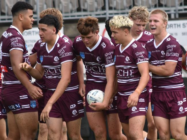 Beau McKee (with ball) celebrates a try against the Dragons in round two, 2024. Picture: Sean Teuma