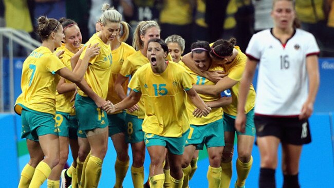 Samantha Kerr celebrates after scoring in the draw against Germany.