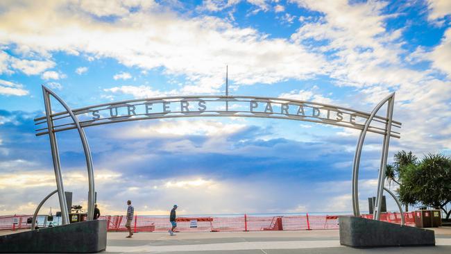 Plastic barriers blocking off Surfers Paradise beach in April. Picture: Nigel Hallett