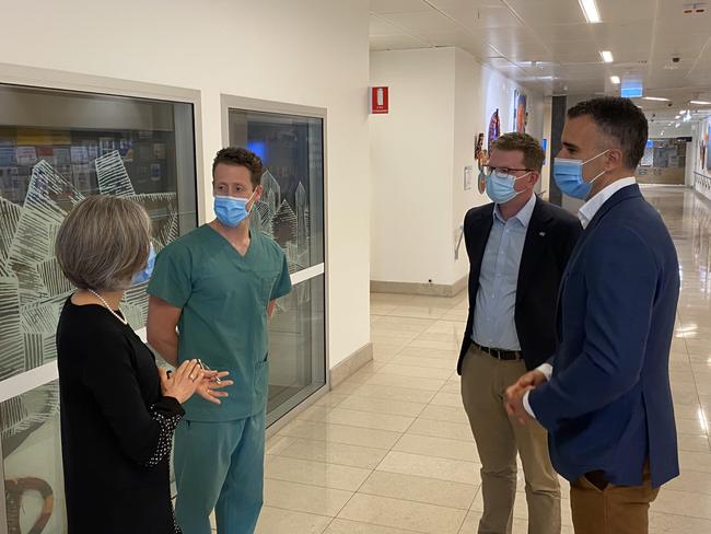 Dr Mark Plummer, Professor Nicola Spurrier, Health Minister Chris Picton and Premier Peter Malinauskas at the RAH. Picture: Todd Lewis