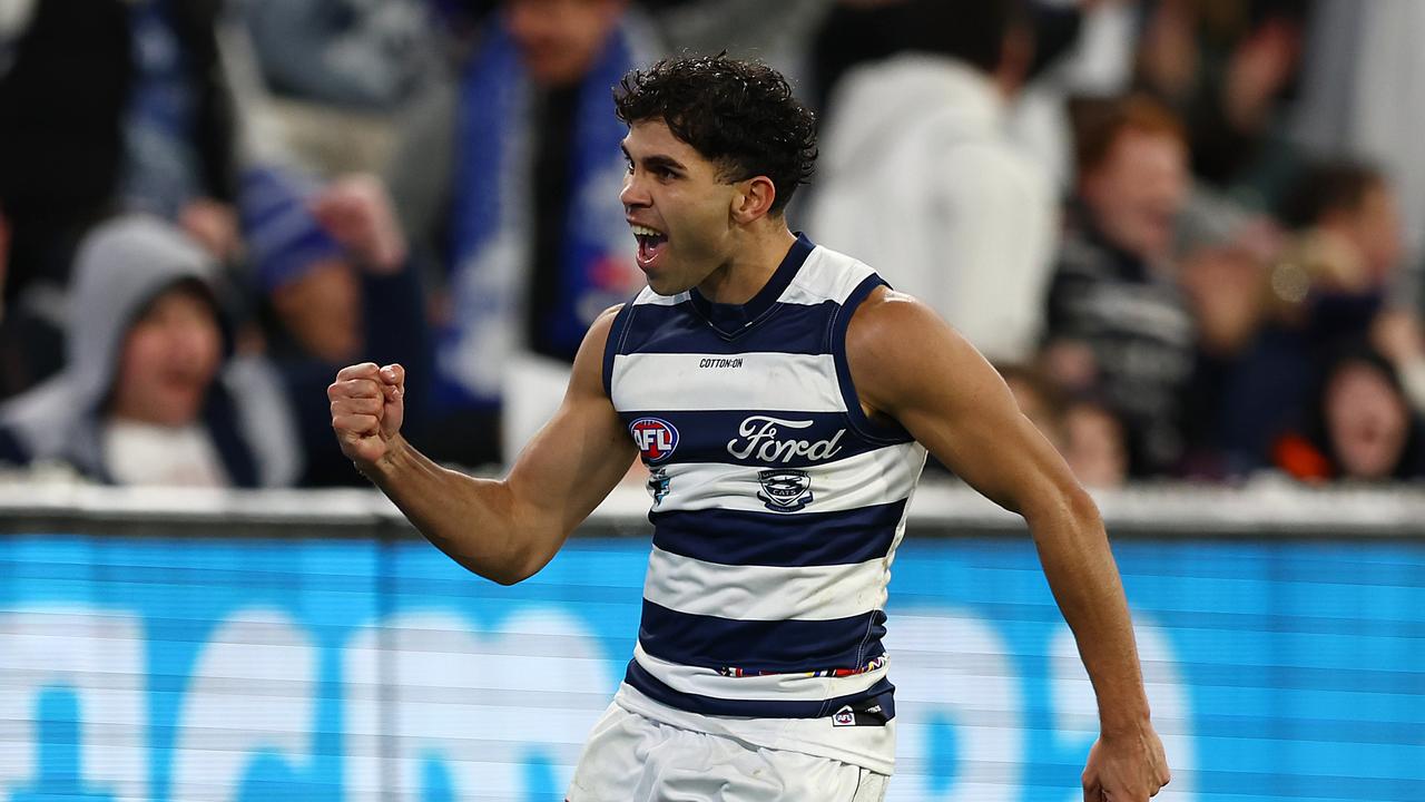 MELBOURNE, AUSTRALIA - JUNE 29: Tyson Stengle of the Cats celebrates kicking a goal during the round 16 AFL match between Geelong Cats and Essendon Bombers at Melbourne Cricket Ground on June 29, 2024 in Melbourne, Australia. (Photo by Graham Denholm/Getty Images)