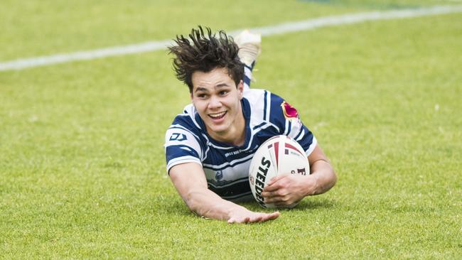 Angus Wright scores a try for St Mary's. Photo: Nev Madsen