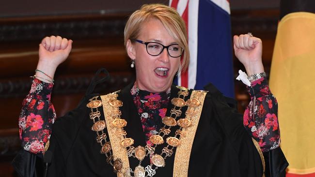 Sally Capp reacts after she is sworn in as Lord Mayor of the City of Melbourne at Melbourne Town Hall in Melbourne.