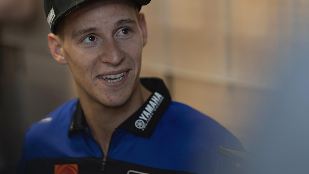 HOHENSTEIN-ERNSTTHAL, GERMANY - JULY 06: Fabio Quartararo of France and Monster Energy Yamaha MotoGP Team speaks with journalists in media center at the end of the MotoGP Of Germany - Sprint at Sachsenring Circuit on July 06, 2024 in Hohenstein-Ernstthal, Germany. (Photo by Mirco Lazzari gp/Getty Images)