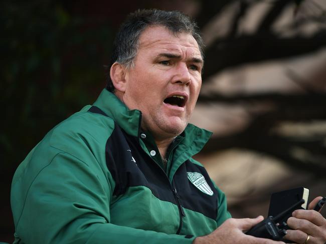 Randwick coach Owen Finegan reacts during the First grade rugby match between Randwick and Manly at Coogee Oval, Sydney, Saturday, May 26, 2018. (AAP Image/Joel Carrett)