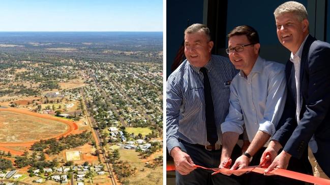 Murweh Shire mayor Shaun 'Zoro' Radnedge, Federal Maranoa member David Littleproud and State Tourism Minister Stirling Hinchliffe officially opened the secret WW2 US army base in Charleville on Thursday October 5, 2023 following the completion of project's final stage. Picture: Supplied.