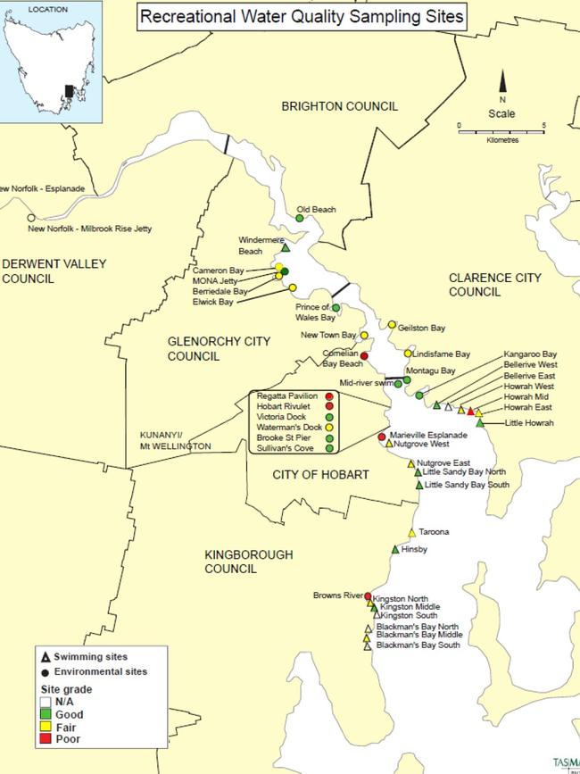 Recreational water quality sampling sites (swimming and environmental sites) with their current water quality classification based on data collected in the summer months between December 2016 and March 2021.