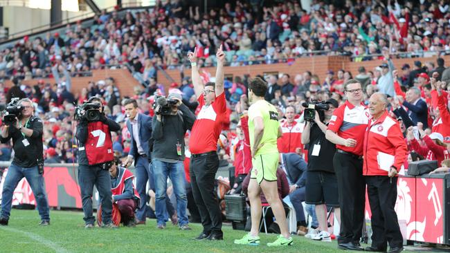 North Adelaide coach Josh Carr celebrates as the siren sounds to end the 2018 SANFL grand final. Picture: AAP Image/Dean Martin