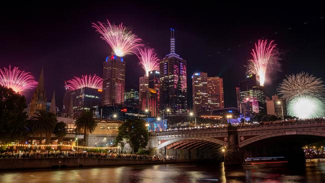 Fireworks explode as the clock strikes midnight in Melbourne. Picture: Mark Stewart