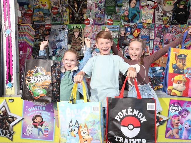 Gold Coast Show Countdown. Ready to grab all the showbags they can are are  Harlem Taurima 6,Van Taurima 9, and Pippa Tucker 9.  Picture Glenn Hampson