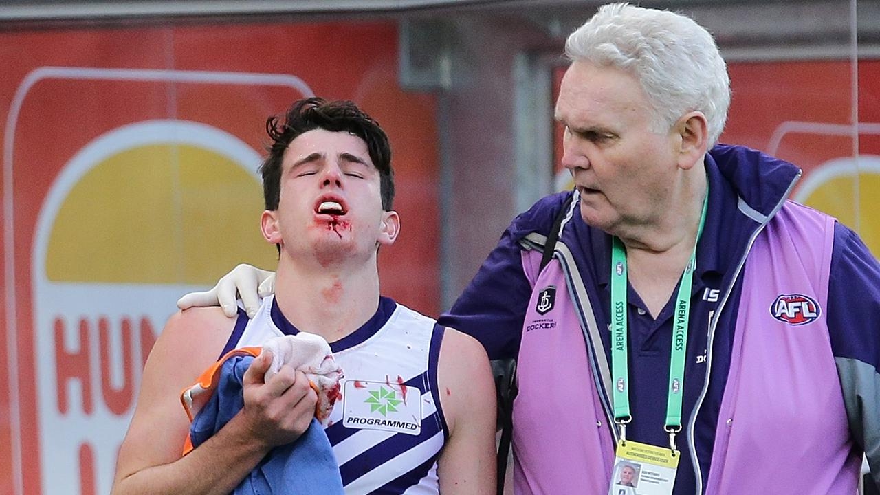 Andrew Brayshaw of the Dockers was sidelined for the rest of 2018 after being hit by Eagle Andrew Gaff.