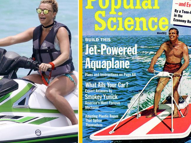 AQUAPLANE June 1964: An ecstatic man rides the surf on his personal jet-drive aquaplane. DID IT HAPPEN? No. Well, a guy built one and put his plans in Popular Science, but this is one little piggy that never made it to market. One that did, however, was the invention of Norwegian-American Clayton Jacobson II, who is credited with creating the first "boatercycle" in 1966. It tanked, but Jacobson's next aquatic creation -- released in 1973 for Kawasaki -- had real (sea) legs. You know it as the Jet Ski.