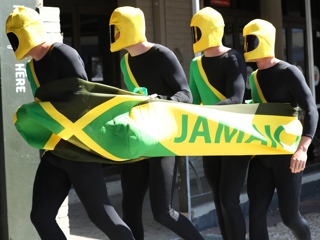 Brisbane Lions players as the bobsled team from Cool Runnings at Mad Monday celebrations at The Boundary, West End. Picture: Liam Kidston