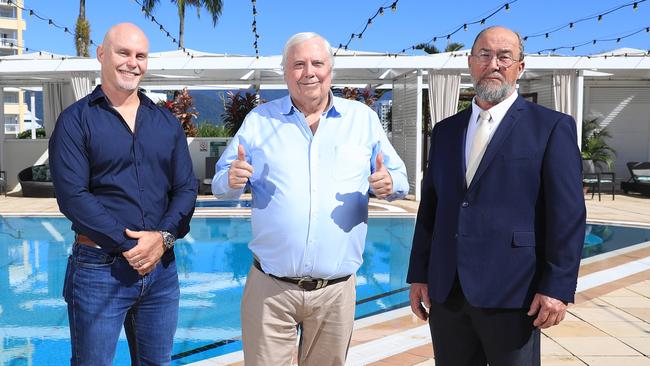 United Australia Party candidate for Leichhardt Daniel Hannagan, party founder Clive Palmer and candidate for Kennedy Peter Campion. Picture: Brendan Radke