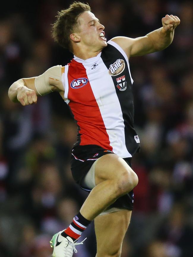 Jack Billings celebrates after kicking the winning goal against West Coast.