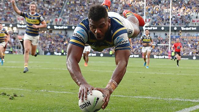 Eels star Maika Sivo launches to score in the corner against the Broncos last season. Picture: Getty Images