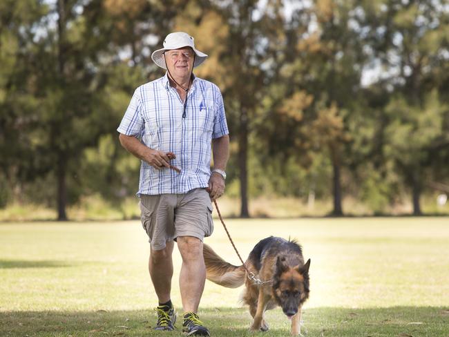 Robert Ahearn, pictured in Camden NSW this week with his dog Gabbi, was injured when his toe became caught in a chair leg. Picture: Melvyn Knipe