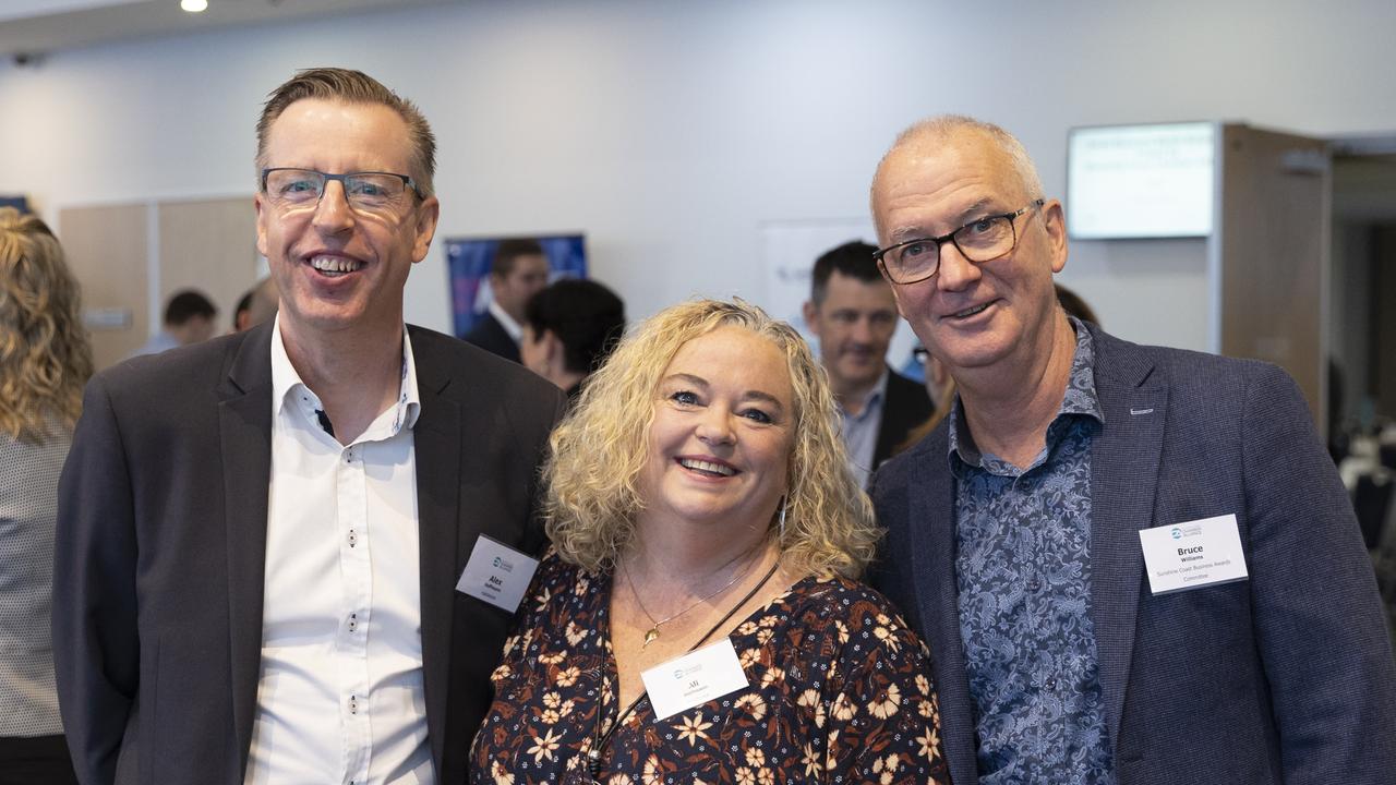 Alex and Ali Hoffmann from Habitance with Bruce Williams from Sunshine Coast Business Awards at the Sunshine Coast Small Business Month breakfast at Maroochy RSL. Picture: Barry Alsop