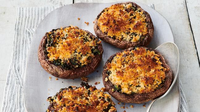 Portobello mushrooms with silverbeet and feta.