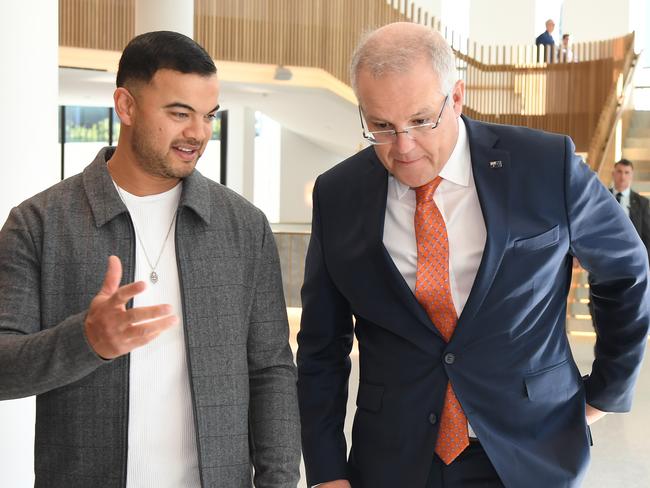 Prime Minister Scott Morrison launched the $250 million arts package alongside singer Guy Sebastian in Sydney on Thursday. Picture: AAP