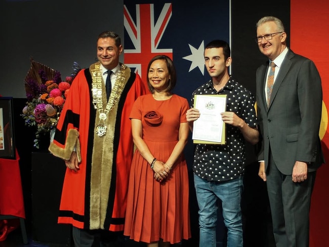 Tony Burke joins Dai Le and Liverpool Mayor Ned Mannoun during an earlier citizenship ceremony in Casula on Friday. Picture: Instagram