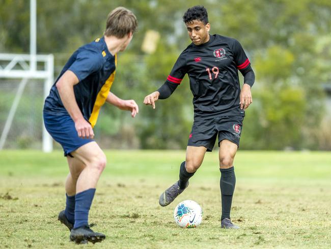 Solomon Weldemariam from St Joseph's Gregory Terrace in the First XI Football (soccer) match between St Joseph's Gregory Terrace and Toowoomba Grammar School at Tennyson, Saturday, July 25, 2020 - Picture: Renae Droop