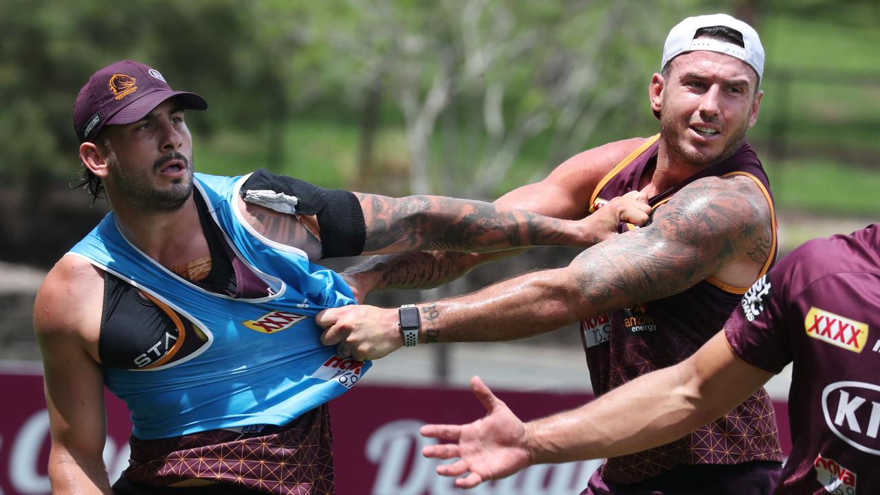 Jack Bird and Darius Boyd at Broncos training at Red Hill. Pic Annette Dew