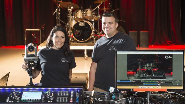 JC Entertainment owners James Callaghan and Emma Paulley-Hughes at their warehouse at West Gosford where they have opened a live-streaming studio. Picture: Troy Snook